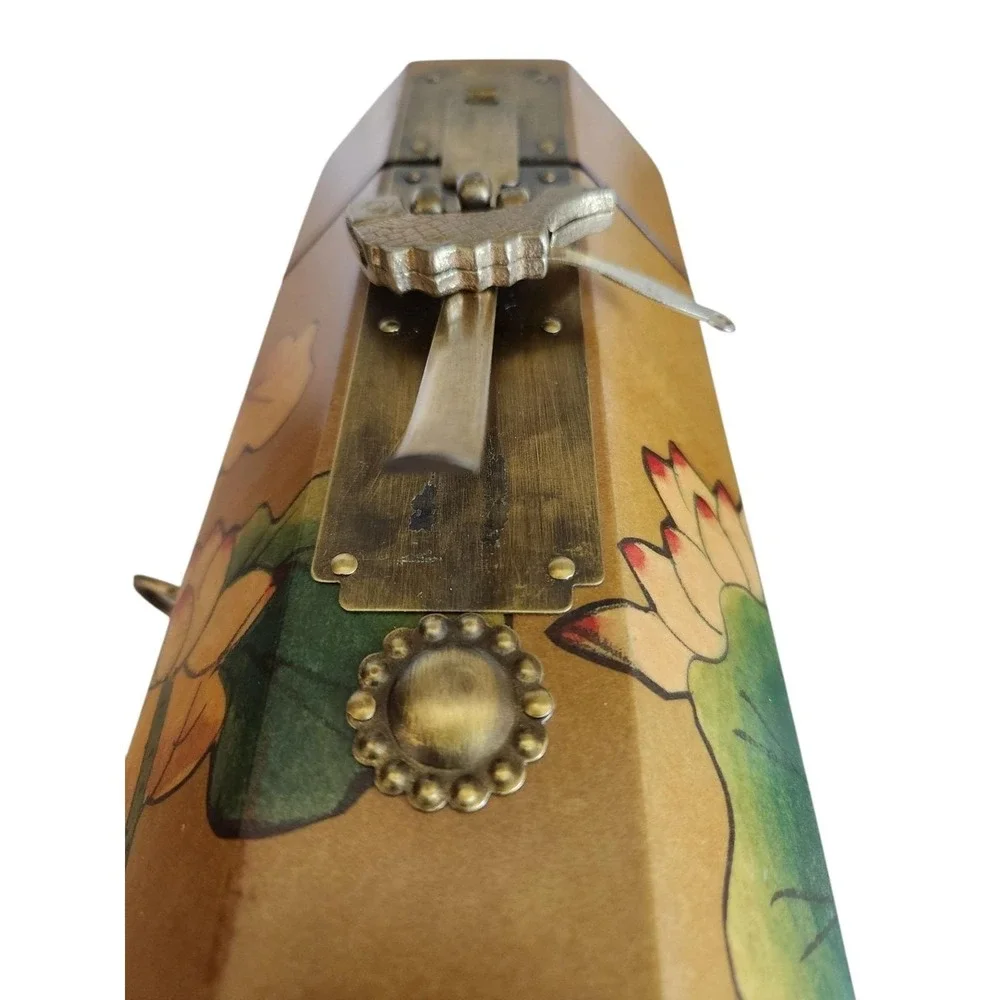 Asian Wood Tower Oriental Box Brass Fish w/ Key MCM Vintage Handpainted Flowers‎